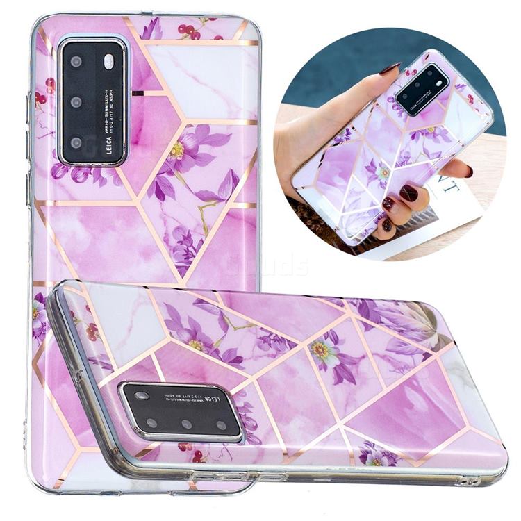 Purple Flower Painted Marble Electroplating Protective Case for Huawei P40