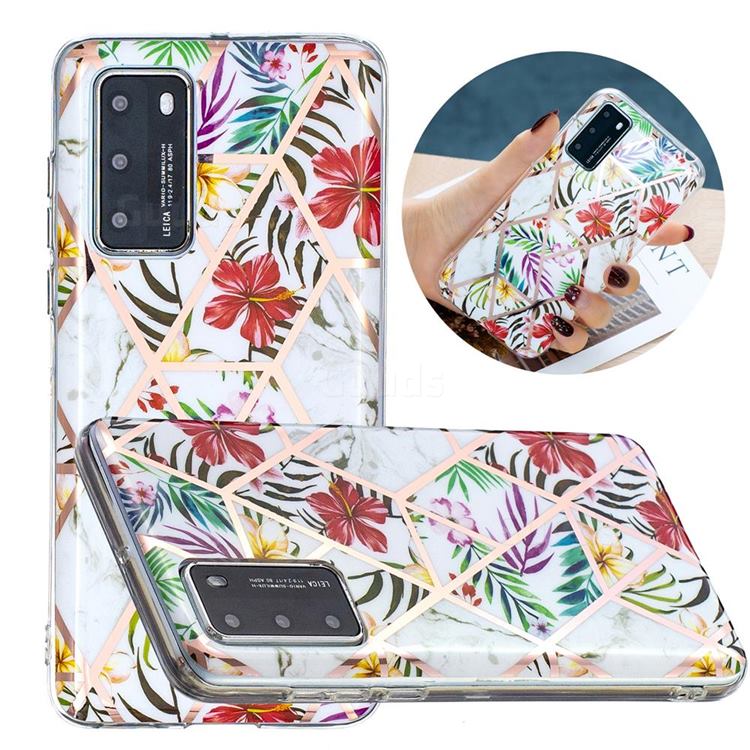 Tropical Rainforest Flower Painted Marble Electroplating Protective Case for Huawei P40