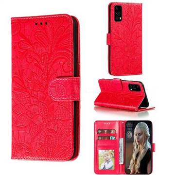 Intricate Embossing Lace Jasmine Flower Leather Wallet Case for Huawei P40 - Red