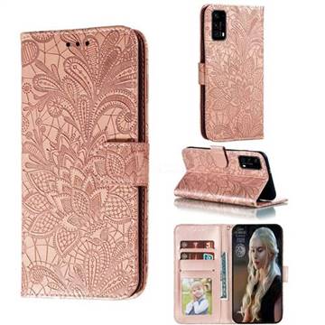 Intricate Embossing Lace Jasmine Flower Leather Wallet Case for Huawei P40 - Rose Gold