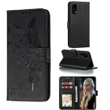 Intricate Embossing Lychee Feather Bird Leather Wallet Case for Huawei P40 - Black