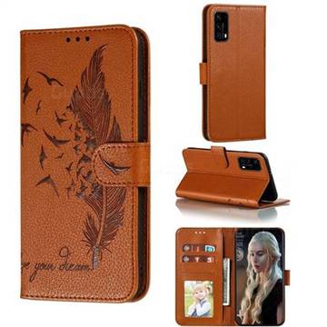 Intricate Embossing Lychee Feather Bird Leather Wallet Case for Huawei P40 - Brown