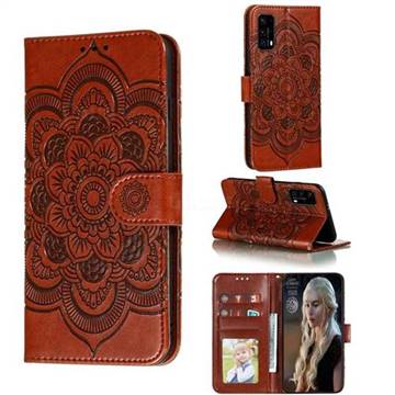 Intricate Embossing Datura Solar Leather Wallet Case for Huawei P40 - Brown