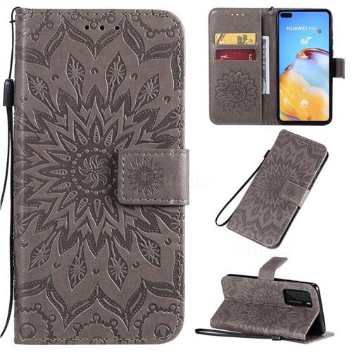 Embossing Sunflower Leather Wallet Case for Huawei P40 - Gray