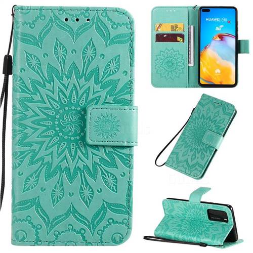 Embossing Sunflower Leather Wallet Case for Huawei P40 - Green