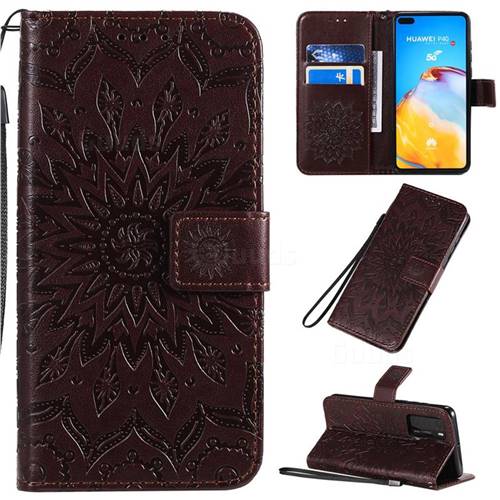 Embossing Sunflower Leather Wallet Case for Huawei P40 - Brown
