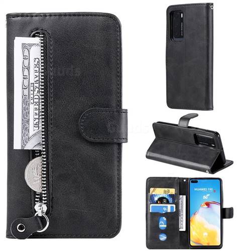 Retro Luxury Zipper Leather Phone Wallet Case for Huawei P40 - Black
