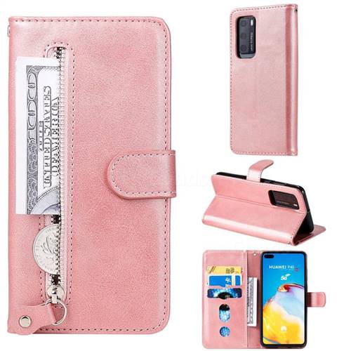 Retro Luxury Zipper Leather Phone Wallet Case for Huawei P40 - Pink