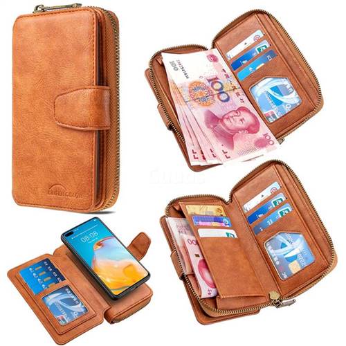 Binfen Color Retro Buckle Zipper Multifunction Leather Phone Wallet for Huawei P40 - Brown