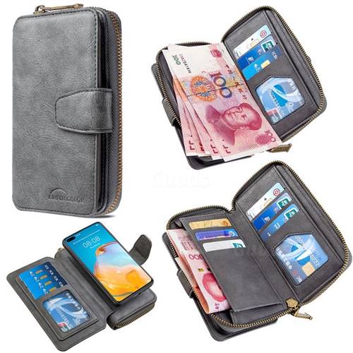 Binfen Color Retro Buckle Zipper Multifunction Leather Phone Wallet for Huawei P40 - Gray