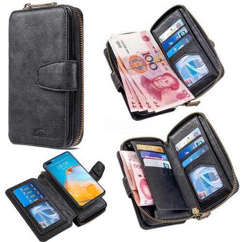 Binfen Color Retro Buckle Zipper Multifunction Leather Phone Wallet for Huawei P40 - Black