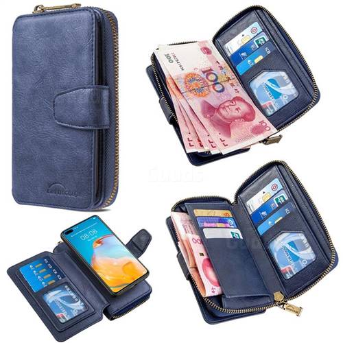 Binfen Color Retro Buckle Zipper Multifunction Leather Phone Wallet for Huawei P40 - Blue
