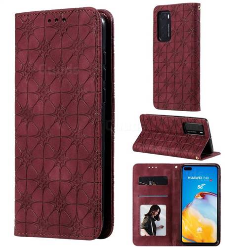 Intricate Embossing Four Leaf Clover Leather Wallet Case for Huawei P40 - Claret
