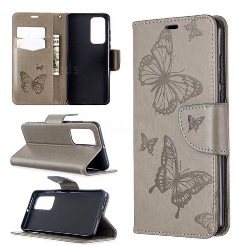 Embossing Double Butterfly Leather Wallet Case for Huawei P40 - Gray