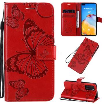 Embossing 3D Butterfly Leather Wallet Case for Huawei P40 - Red