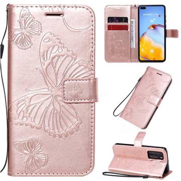 Embossing 3D Butterfly Leather Wallet Case for Huawei P40 - Rose Gold