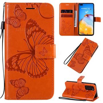 Embossing 3D Butterfly Leather Wallet Case for Huawei P40 - Orange