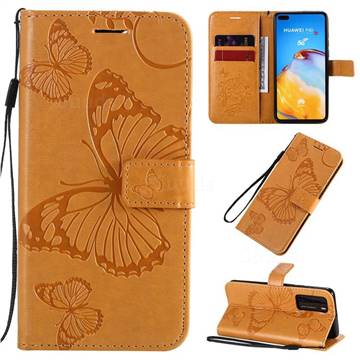 Embossing 3D Butterfly Leather Wallet Case for Huawei P40 - Yellow