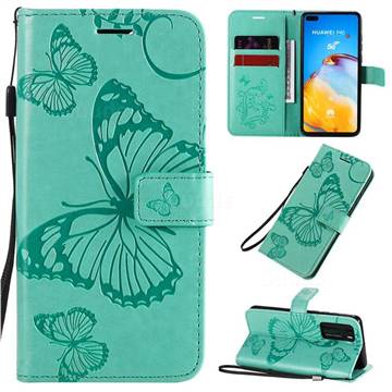 Embossing 3D Butterfly Leather Wallet Case for Huawei P40 - Green