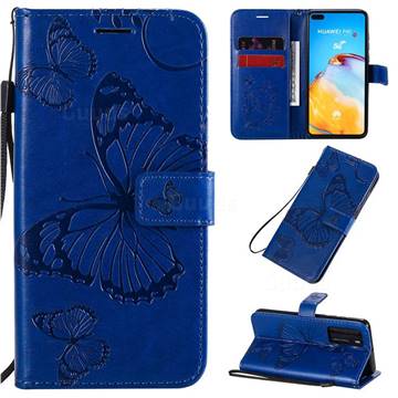 Embossing 3D Butterfly Leather Wallet Case for Huawei P40 - Blue