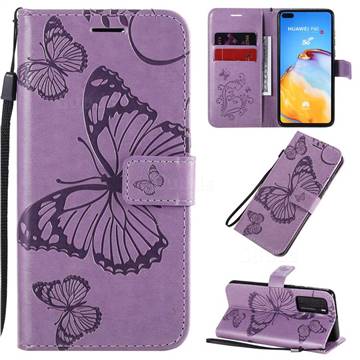 Embossing 3D Butterfly Leather Wallet Case for Huawei P40 - Purple