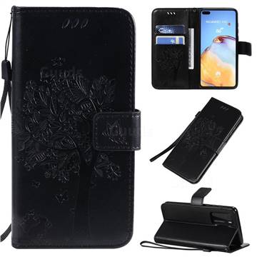 Embossing Butterfly Tree Leather Wallet Case for Huawei P40 - Black