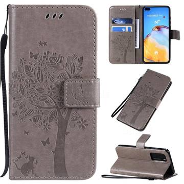 Embossing Butterfly Tree Leather Wallet Case for Huawei P40 - Grey