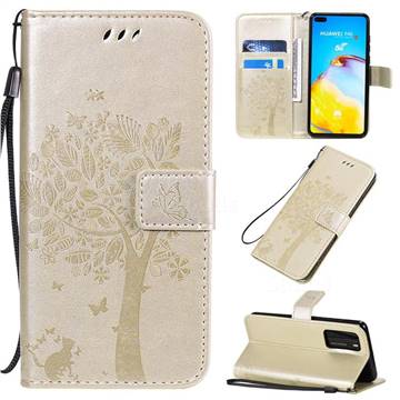 Embossing Butterfly Tree Leather Wallet Case for Huawei P40 - Champagne