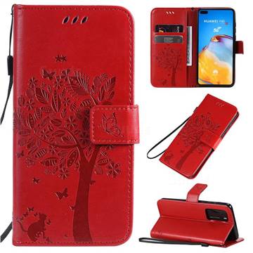 Embossing Butterfly Tree Leather Wallet Case for Huawei P40 - Red