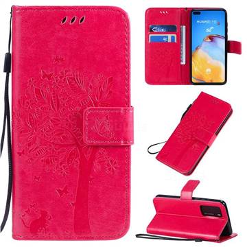 Embossing Butterfly Tree Leather Wallet Case for Huawei P40 - Rose