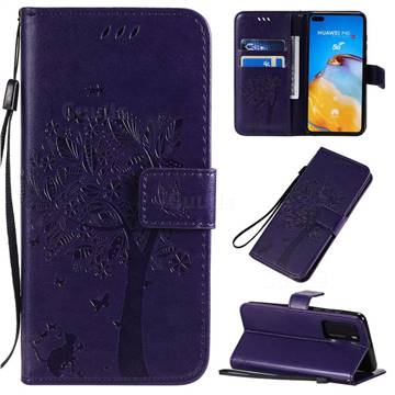 Embossing Butterfly Tree Leather Wallet Case for Huawei P40 - Purple