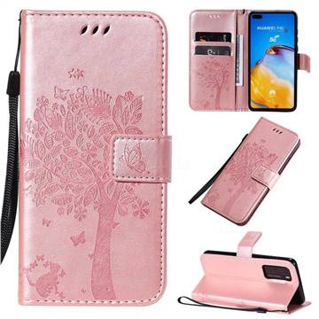 Embossing Butterfly Tree Leather Wallet Case for Huawei P40 - Rose Pink