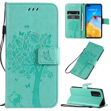 Embossing Butterfly Tree Leather Wallet Case for Huawei P40 - Cyan