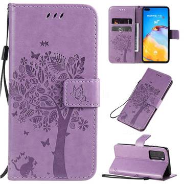 Embossing Butterfly Tree Leather Wallet Case for Huawei P40 - Violet