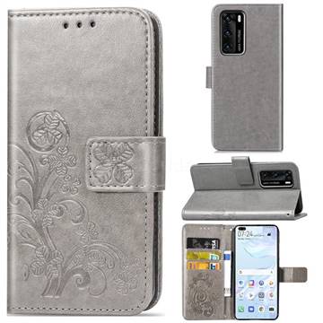 Embossing Imprint Four-Leaf Clover Leather Wallet Case for Huawei P40 - Grey