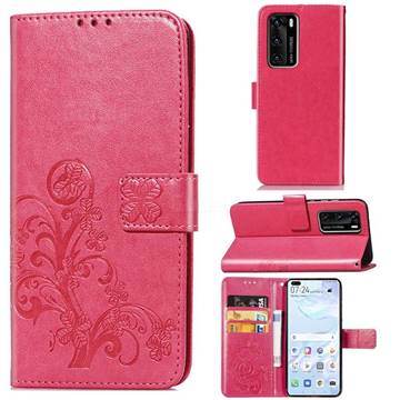Embossing Imprint Four-Leaf Clover Leather Wallet Case for Huawei P40 - Rose Red