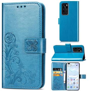 Embossing Imprint Four-Leaf Clover Leather Wallet Case for Huawei P40 - Blue