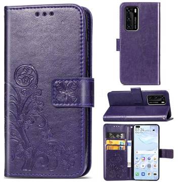 Embossing Imprint Four-Leaf Clover Leather Wallet Case for Huawei P40 - Purple