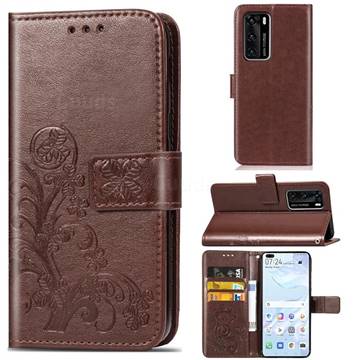 Embossing Imprint Four-Leaf Clover Leather Wallet Case for Huawei P40 - Brown