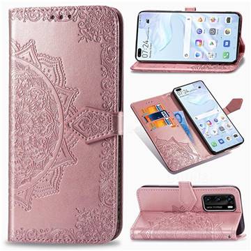 Embossing Imprint Mandala Flower Leather Wallet Case for Huawei P40 - Rose Gold