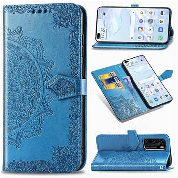 Embossing Imprint Mandala Flower Leather Wallet Case for Huawei P40 - Blue