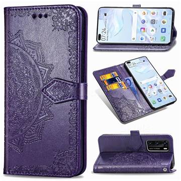 Embossing Imprint Mandala Flower Leather Wallet Case for Huawei P40 - Purple