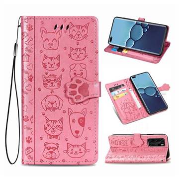 Embossing Dog Paw Kitten and Puppy Leather Wallet Case for Huawei P40 - Pink