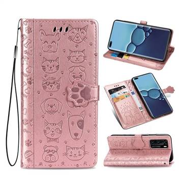 Embossing Dog Paw Kitten and Puppy Leather Wallet Case for Huawei P40 - Rose Gold