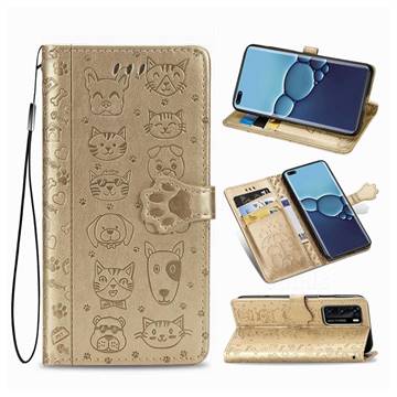 Embossing Dog Paw Kitten and Puppy Leather Wallet Case for Huawei P40 - Champagne Gold