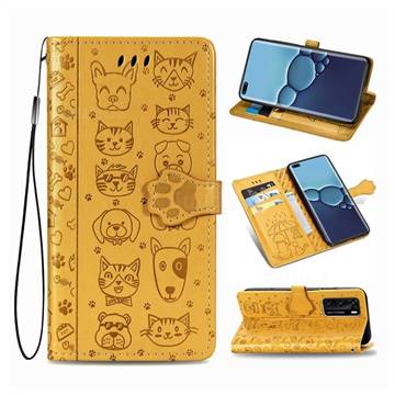 Embossing Dog Paw Kitten and Puppy Leather Wallet Case for Huawei P40 - Yellow