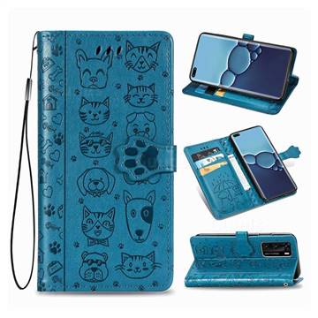 Embossing Dog Paw Kitten and Puppy Leather Wallet Case for Huawei P40 - Blue