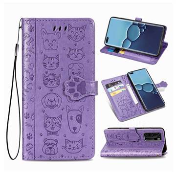 Embossing Dog Paw Kitten and Puppy Leather Wallet Case for Huawei P40 - Purple