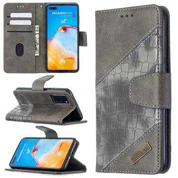 BinfenColor BF04 Color Block Stitching Crocodile Leather Case Cover for Huawei P40 - Gray
