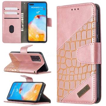 BinfenColor BF04 Color Block Stitching Crocodile Leather Case Cover for Huawei P40 - Rose Gold